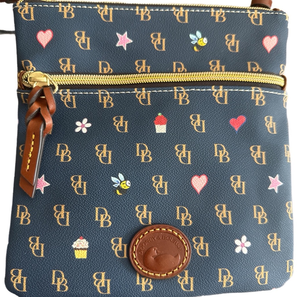 RareDooney & Bourke Blue/navy heart star flower cupcake double zip Crossbody Bag